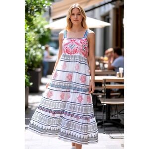 Lula‎ Soul Embroidered Tiered Maxi Dress Small White New Boho Folk Coastal